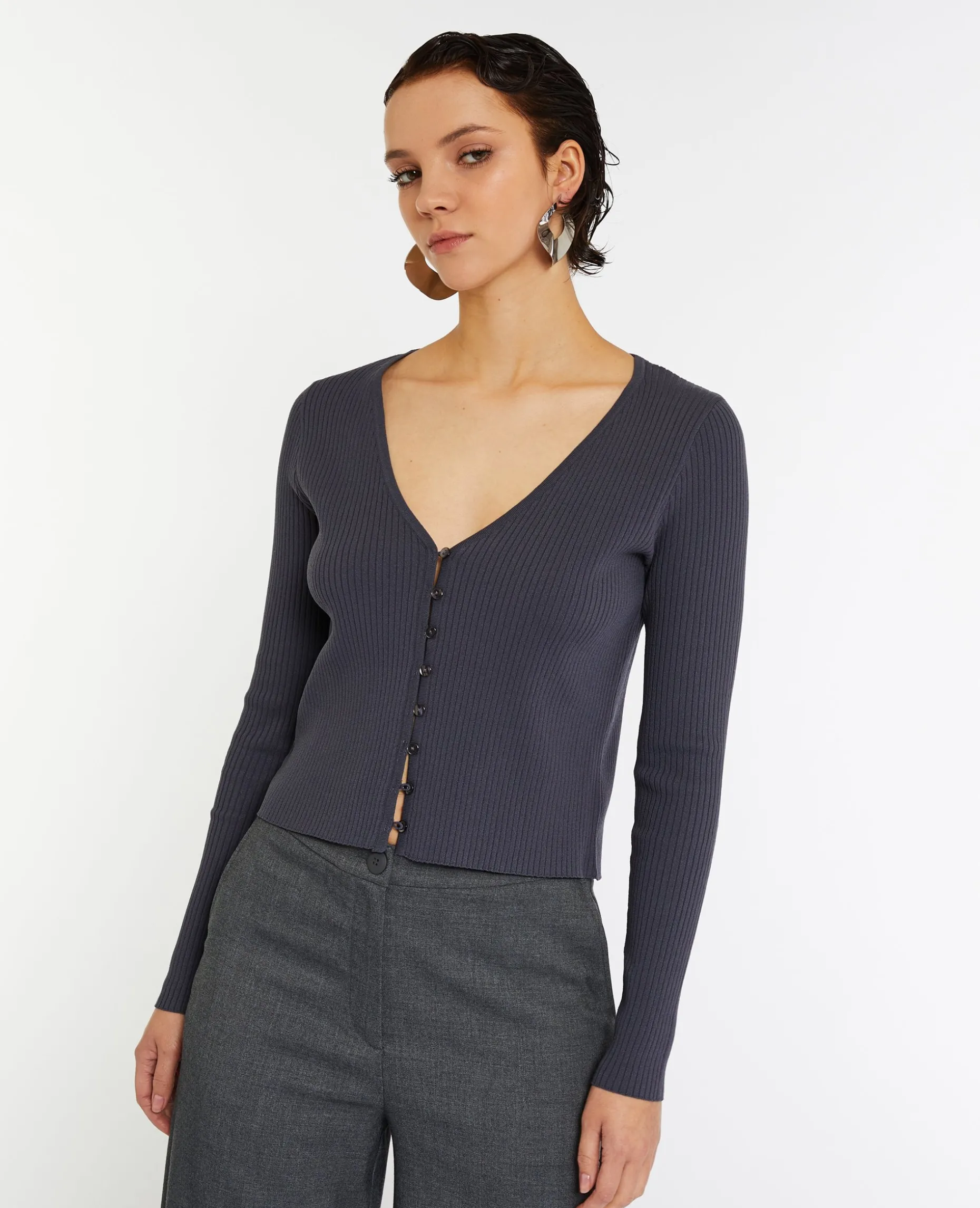 Gilet Fin En Maille Côtelée - Gris Foncé