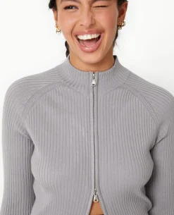 Gilet Long En Maille Côtelée Avec Col Montant - Gris