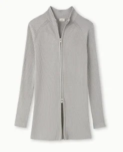 Gilet Long En Maille Côtelée Avec Col Montant - Gris