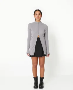 Gilet Long En Maille Côtelée Avec Col Montant - Gris
