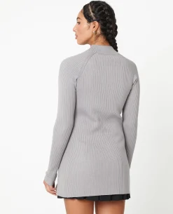 Gilet Long En Maille Côtelée Avec Col Montant - Gris