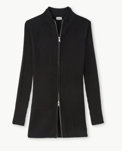 Gilet Long En Maille Côtelée Avec Col Montant - Noir