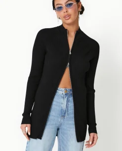 Gilet Long En Maille Côtelée Avec Col Montant - Noir