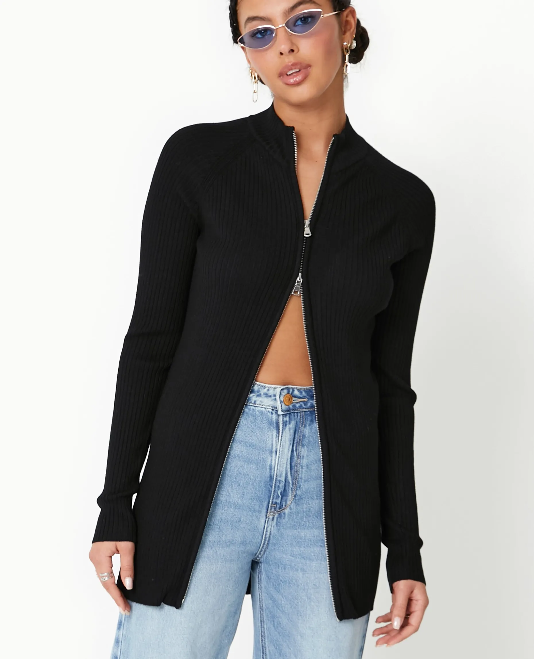 Gilet Long En Maille Côtelée Avec Col Montant - Noir
