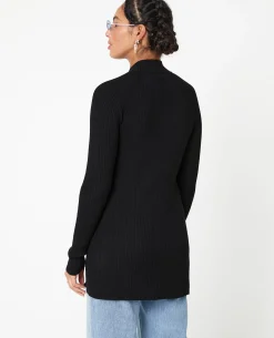 Gilet Long En Maille Côtelée Avec Col Montant - Noir