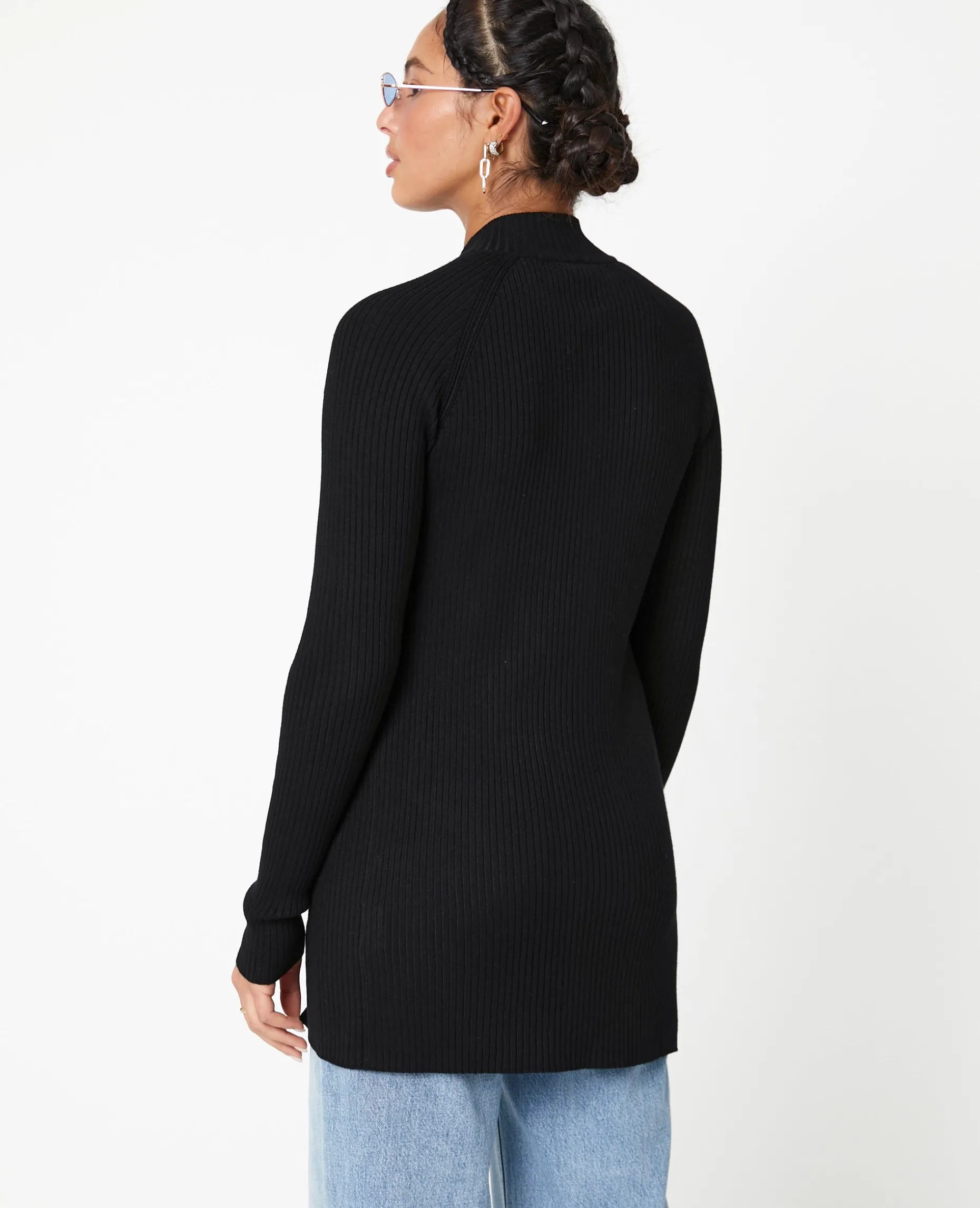Gilet Long En Maille Côtelée Avec Col Montant - Noir