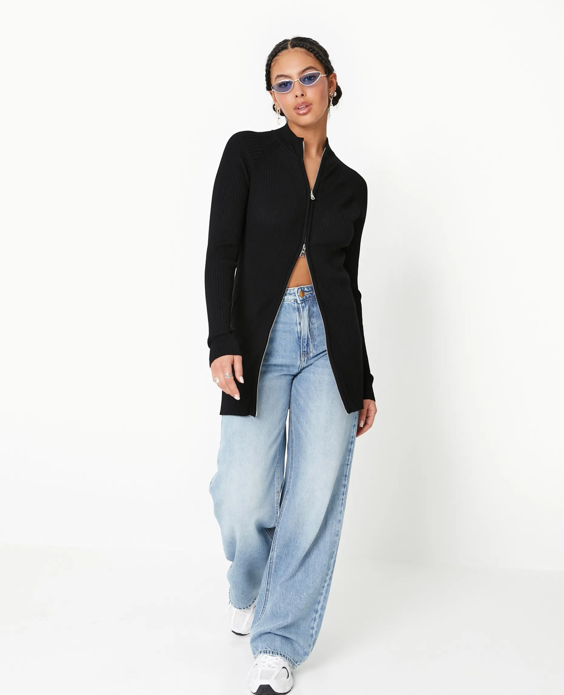 Gilet Long En Maille Côtelée Avec Col Montant - Noir