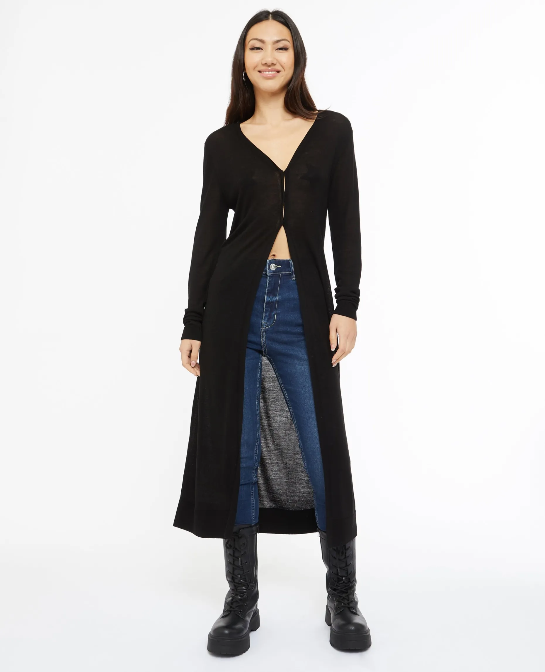 Gilet Long En Maille Fine - Noir