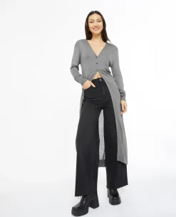 Gilet Long En Maille Fine - Gris Foncé