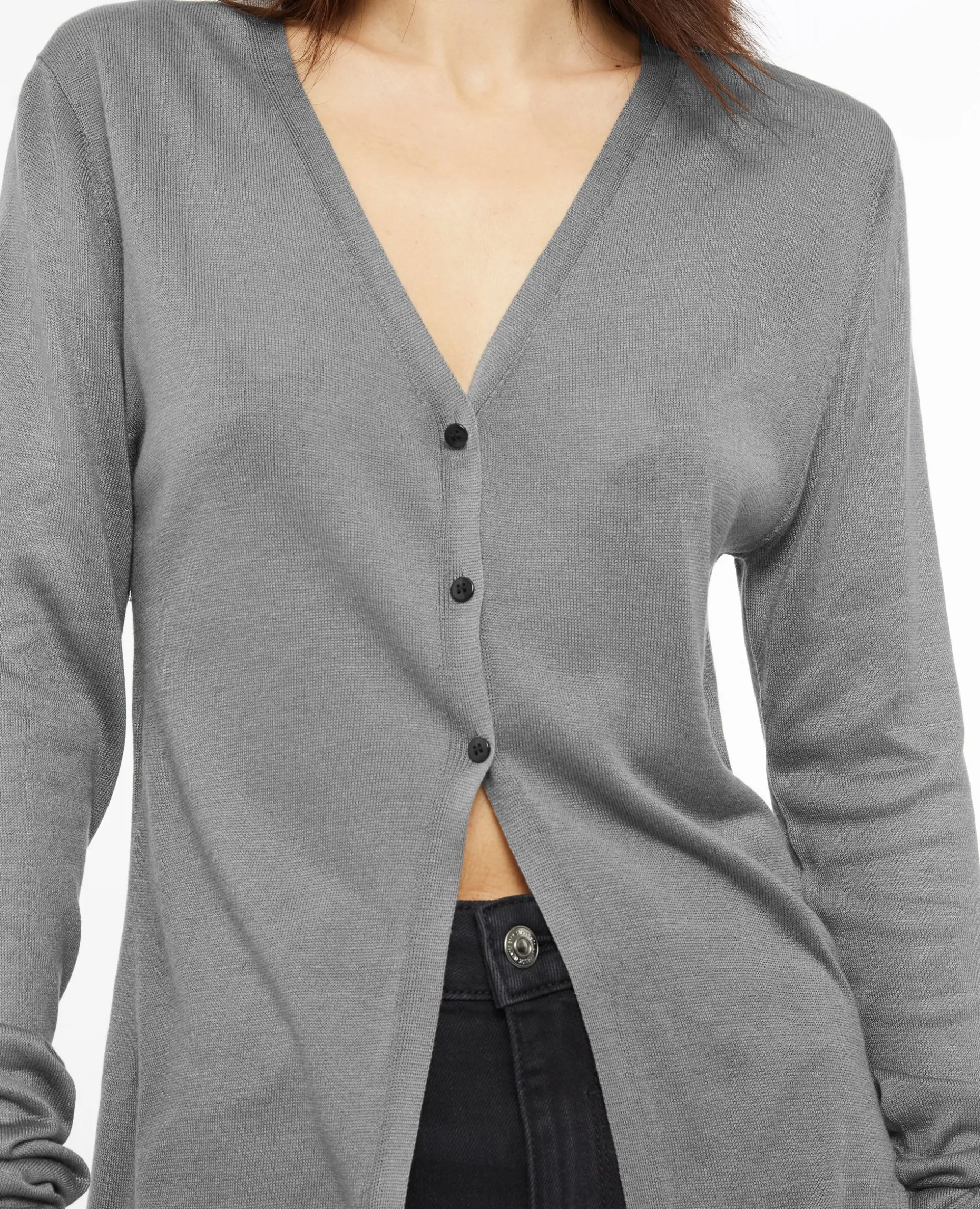 Gilet Long En Maille Fine - Gris Foncé