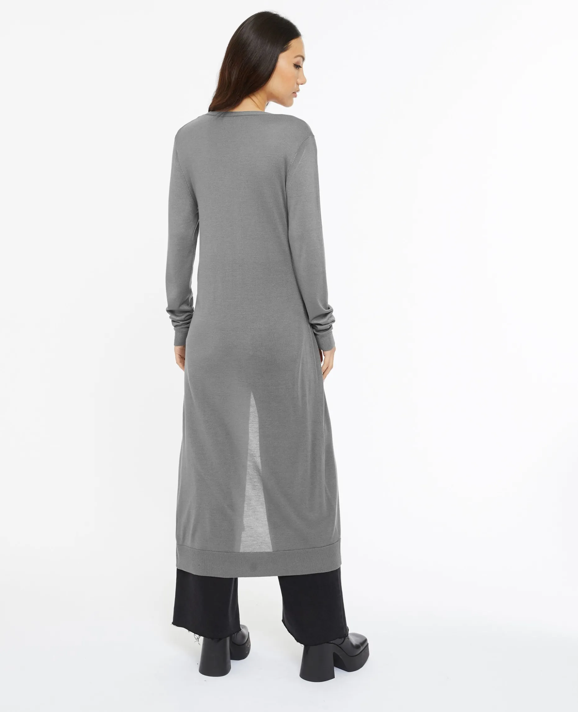 Gilet Long En Maille Fine - Gris Foncé
