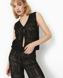Gilet Sans Manches En Maille Fantaisie Ajourée - Noir