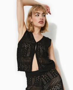 Gilet Sans Manches En Maille Fantaisie Ajourée - Noir