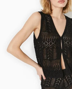 Gilet Sans Manches En Maille Fantaisie Ajourée - Noir