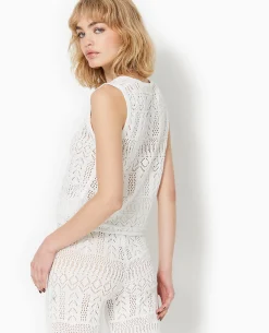 Gilet Sans Manches En Maille Fantaisie Ajourée - Blanc