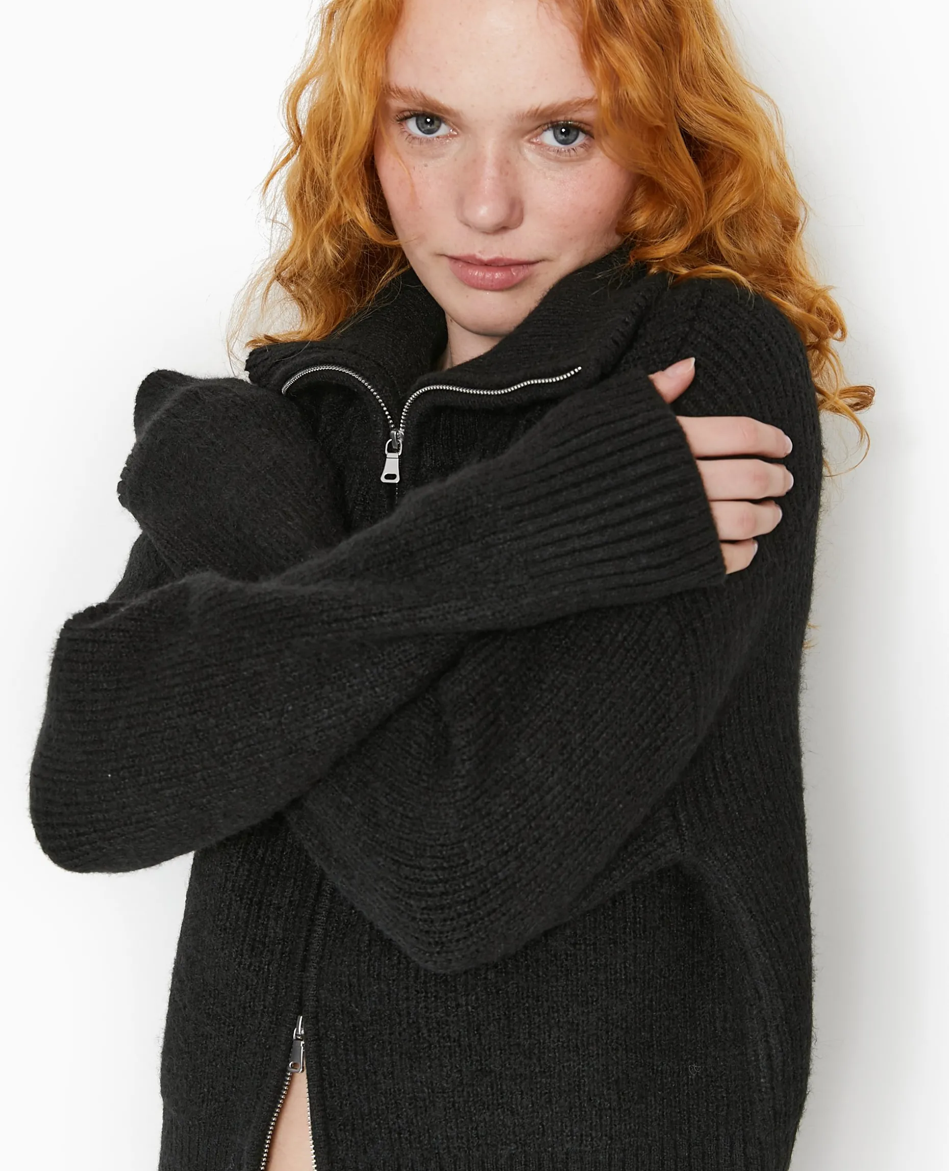 Gilet Zippé Avec Grand Col Maille Côtelée - Noir
