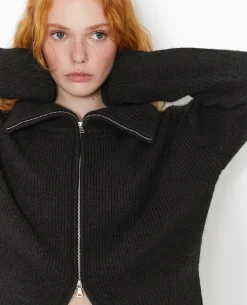 Gilet Zippé Avec Grand Col Maille Côtelée - Noir