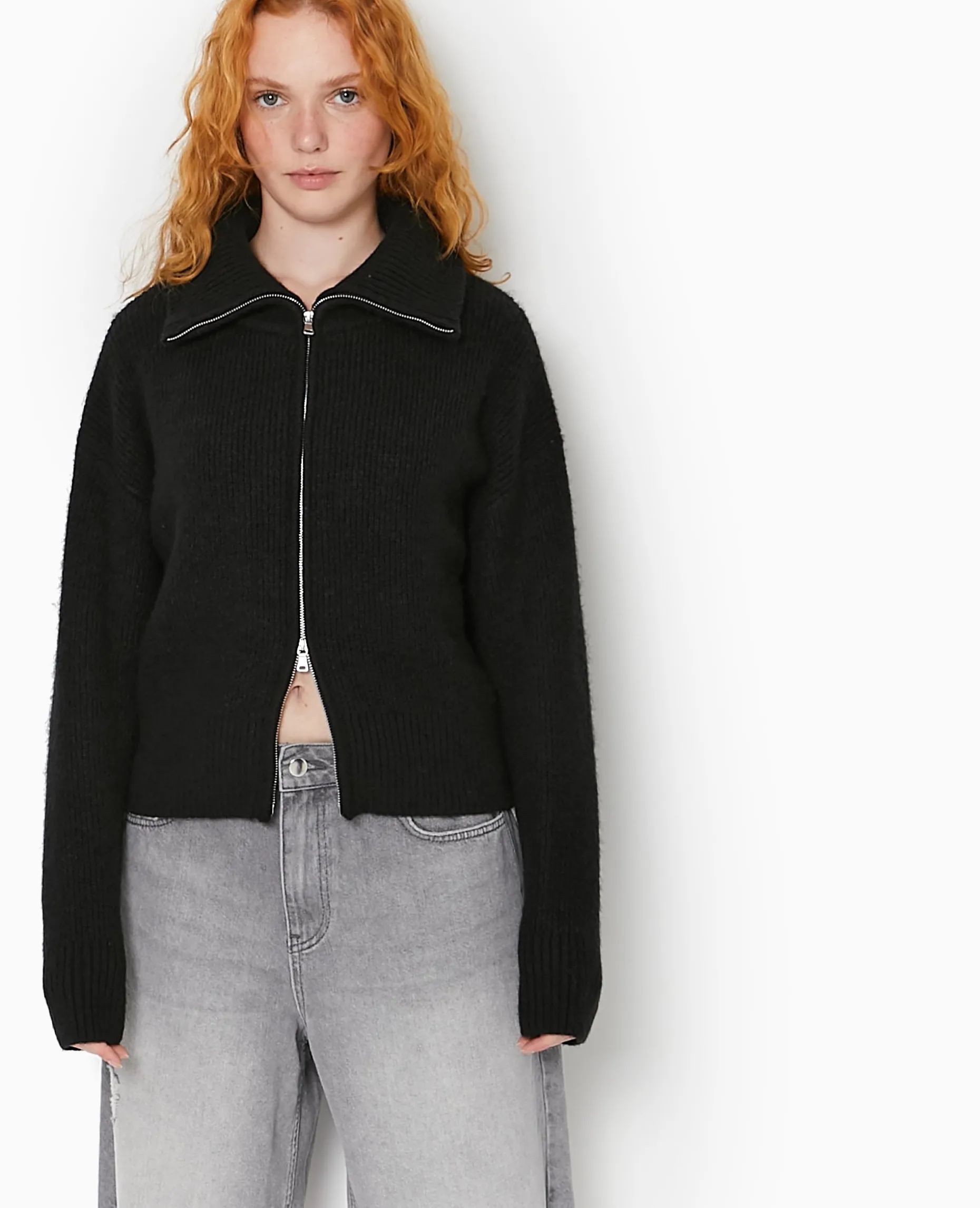 Gilet Zippé Avec Grand Col Maille Côtelée - Noir