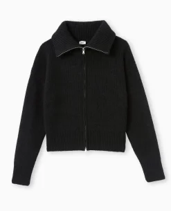 Gilet Zippé Avec Grand Col Maille Côtelée - Noir
