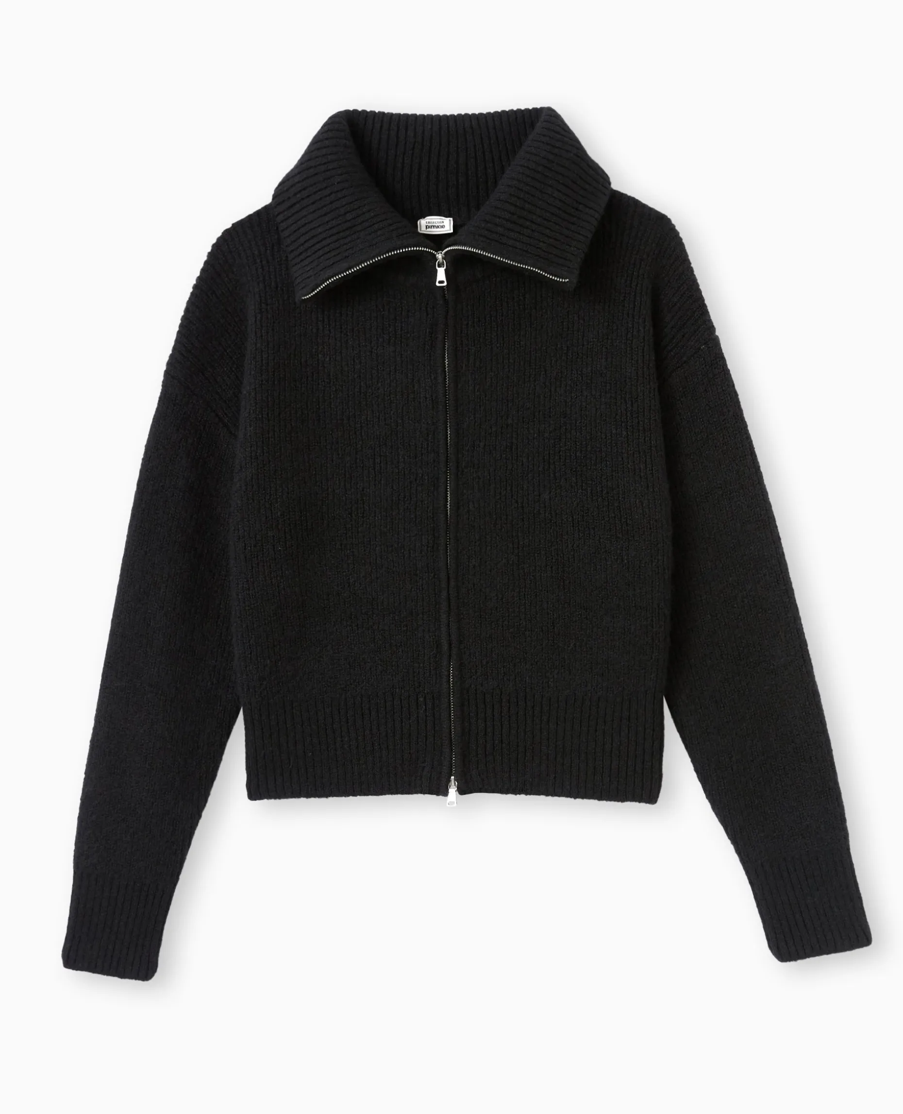 Gilet Zippé Avec Grand Col Maille Côtelée - Noir