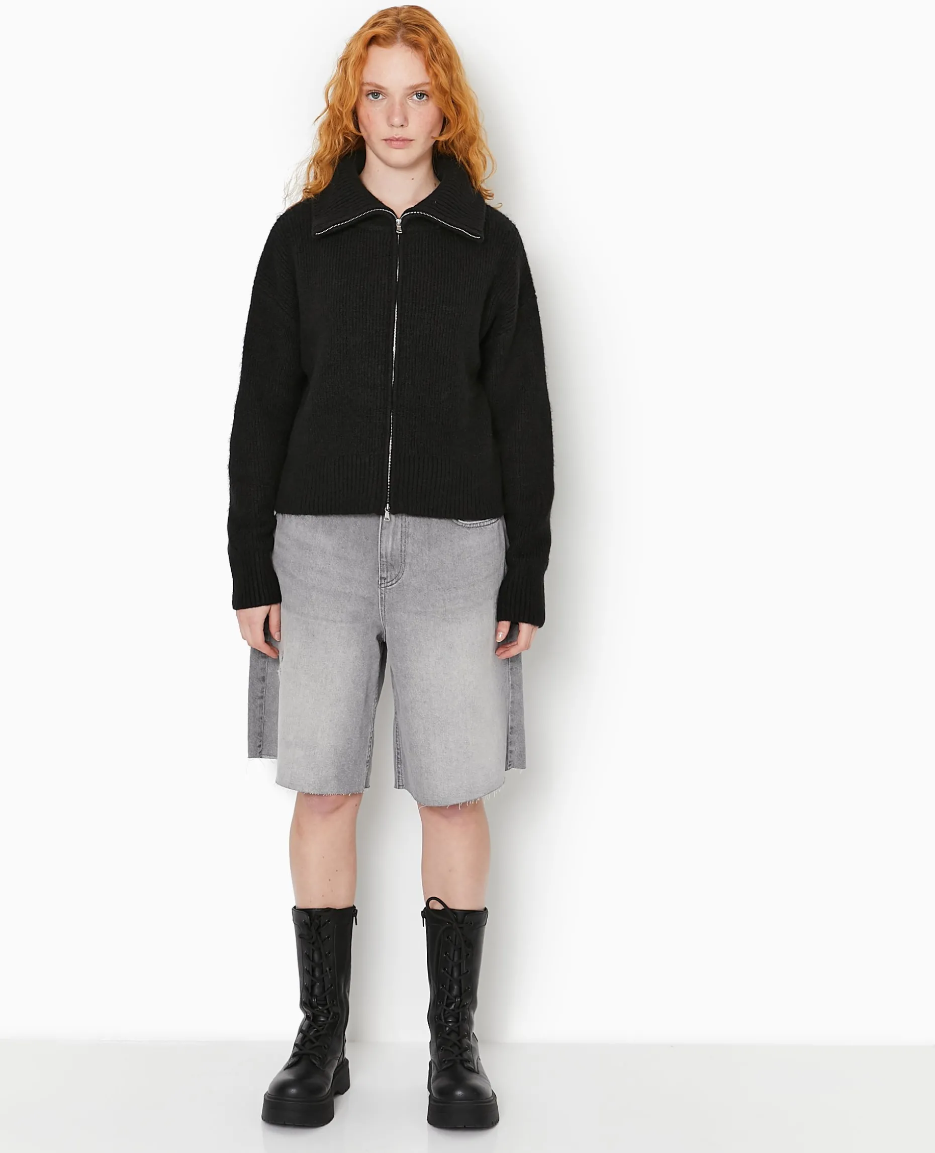 Gilet Zippé Avec Grand Col Maille Côtelée - Noir
