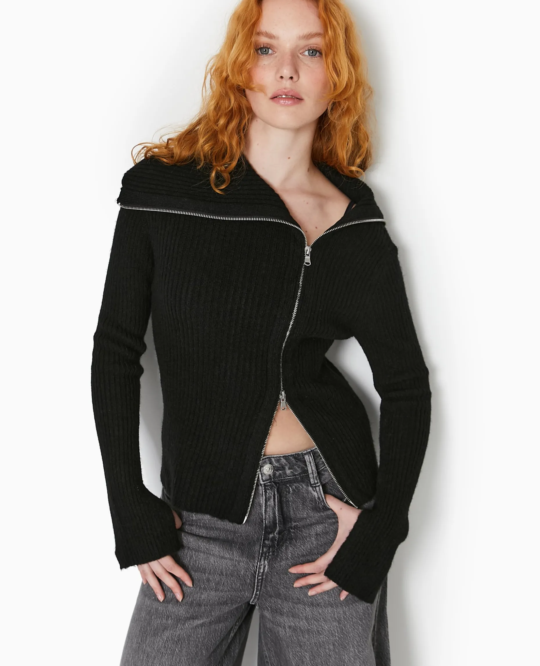Gilet Zippé En Maille Côtelée - Noir