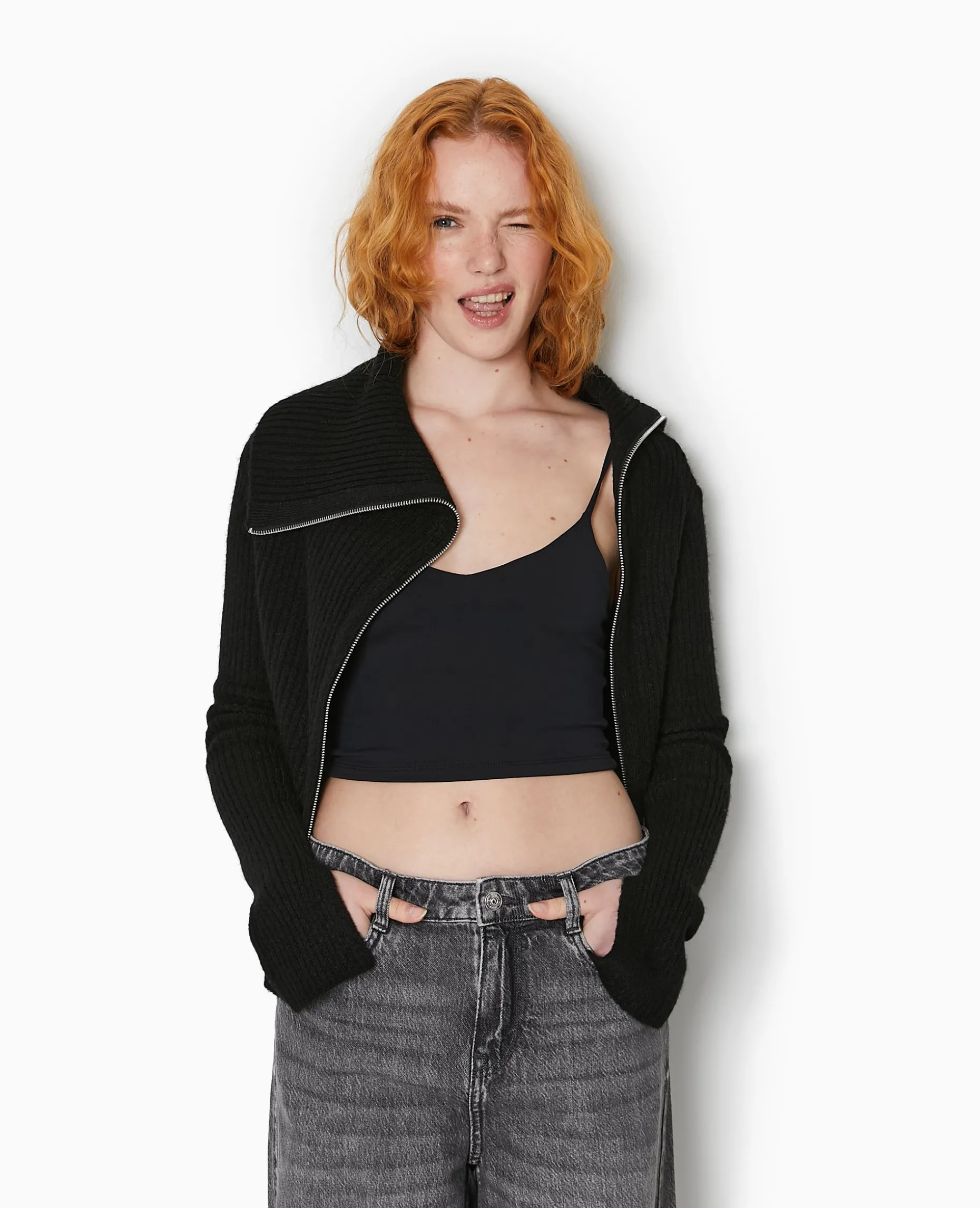 Gilet Zippé En Maille Côtelée - Noir