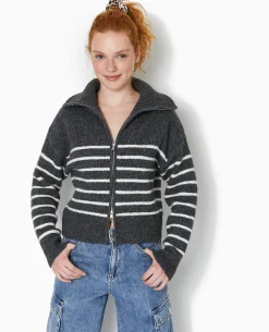 Gilet Zippé Rayé Avec Grand Col Maille Côtelée - Gris Foncé