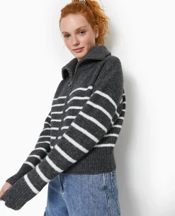 Gilet Zippé Rayé Avec Grand Col Maille Côtelée - Gris Foncé