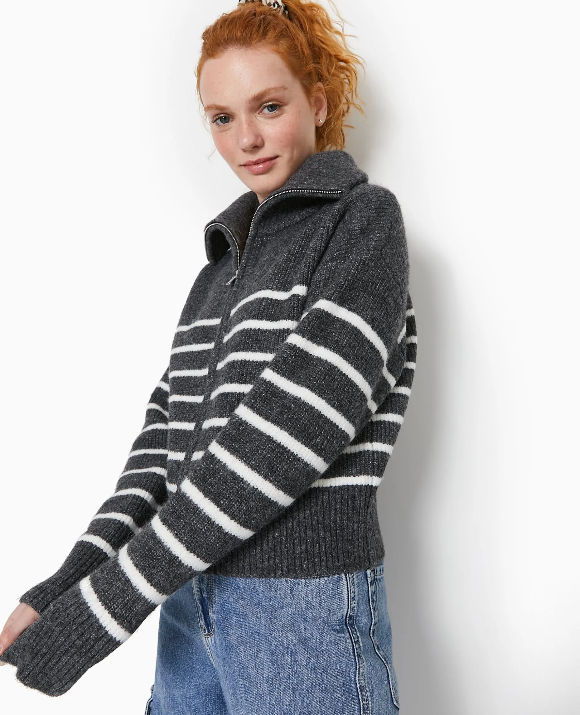 Gilet Zippé Rayé Avec Grand Col Maille Côtelée - Gris Foncé