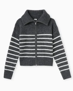 Gilet Zippé Rayé Avec Grand Col Maille Côtelée - Gris Foncé