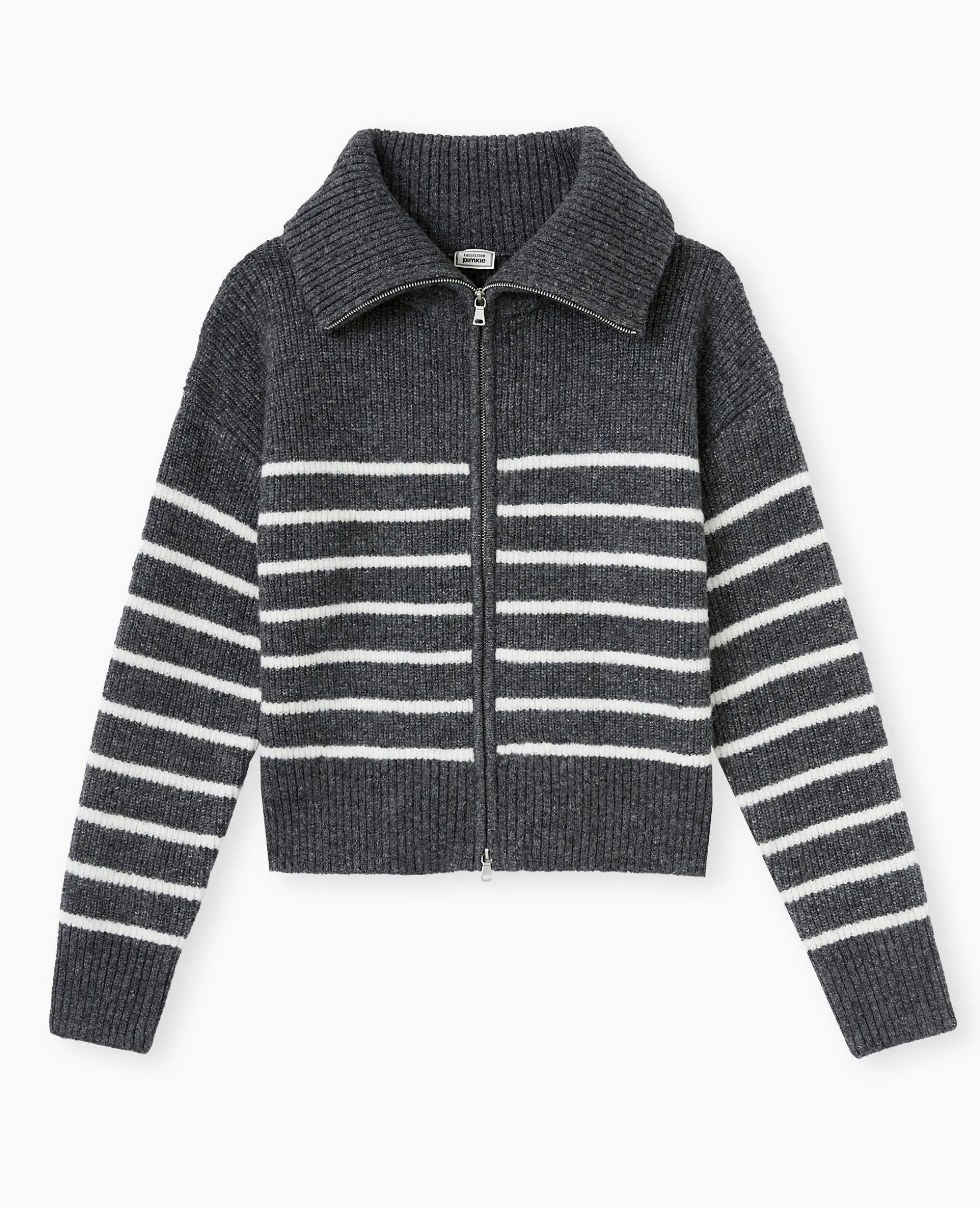 Gilet Zippé Rayé Avec Grand Col Maille Côtelée - Gris Foncé
