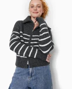 Gilet Zippé Rayé Avec Grand Col Maille Côtelée - Gris Foncé
