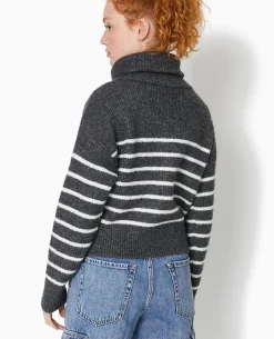 Gilet Zippé Rayé Avec Grand Col Maille Côtelée - Gris Foncé