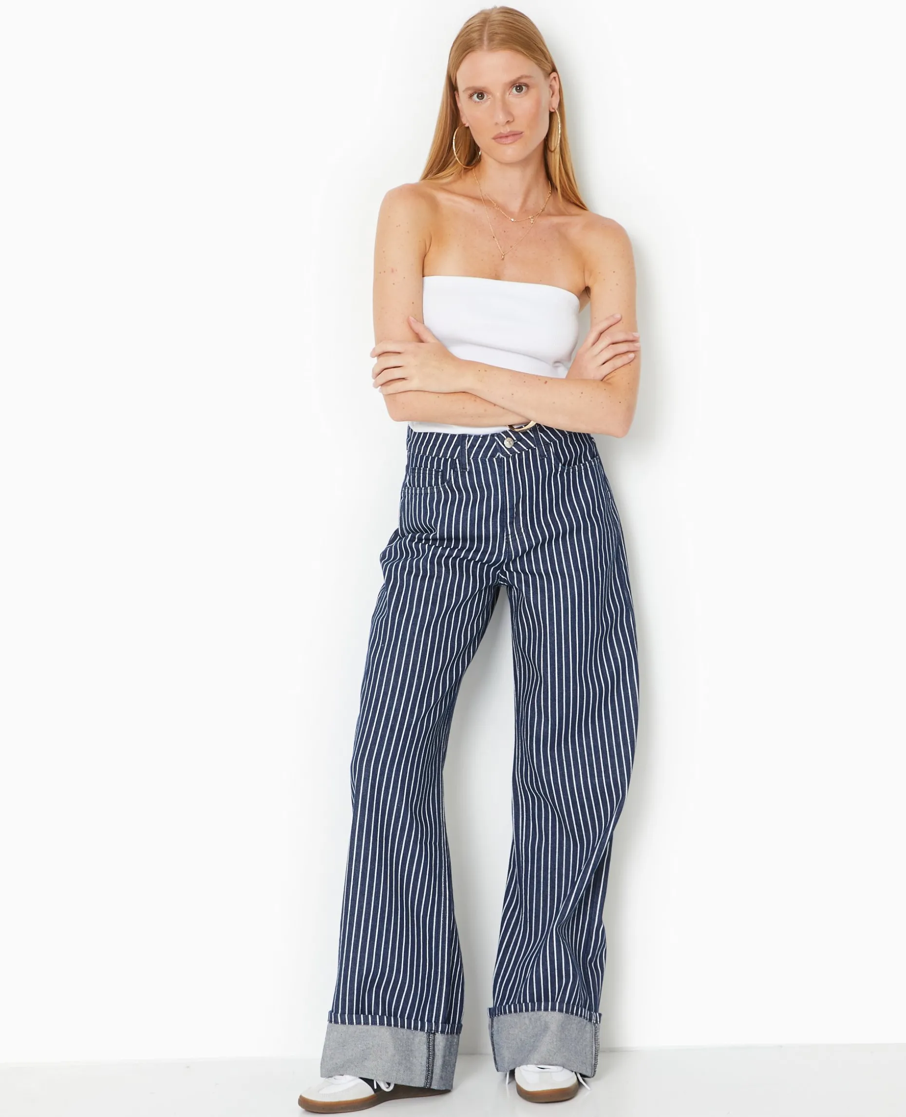 Jean Baggy Taille Haute Avec Rayures Et Revers - Bleu