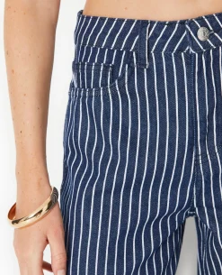 Jean Baggy Taille Haute Avec Rayures Et Revers - Bleu