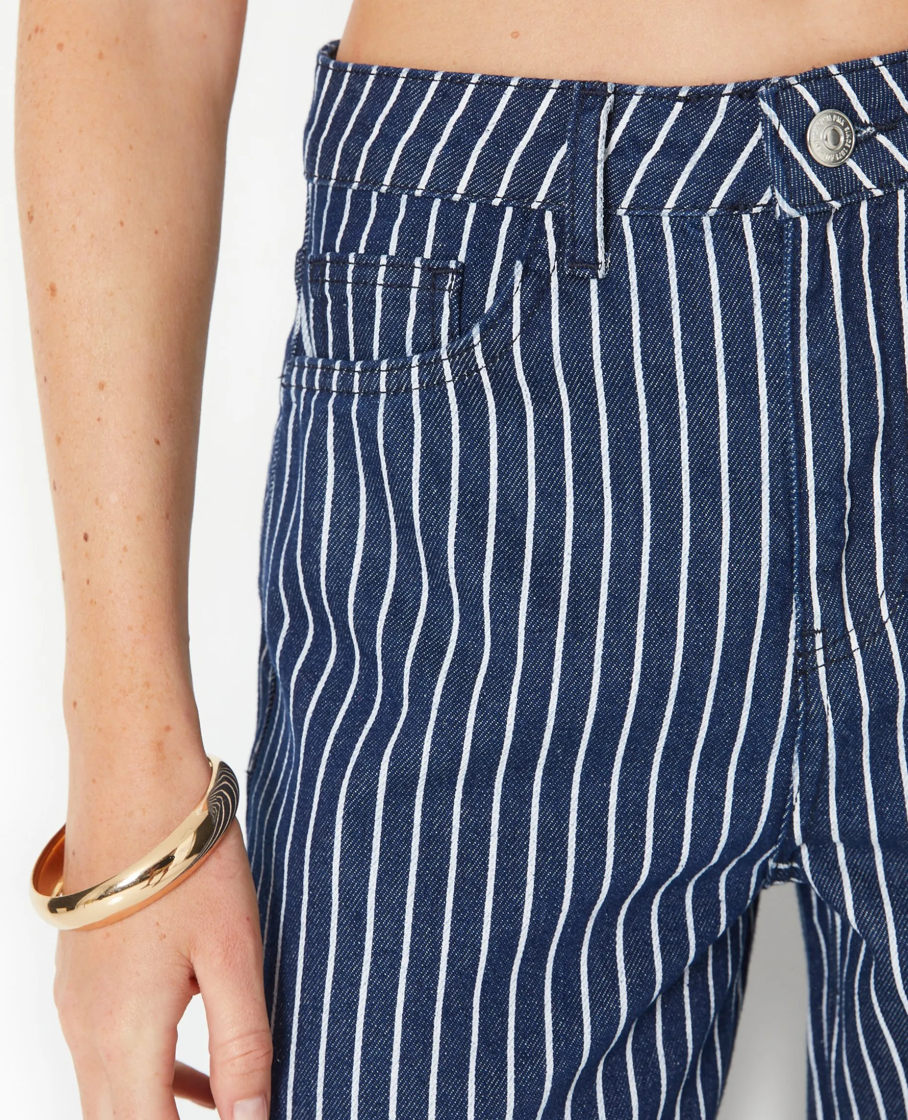 Jean Baggy Taille Haute Avec Rayures Et Revers - Bleu