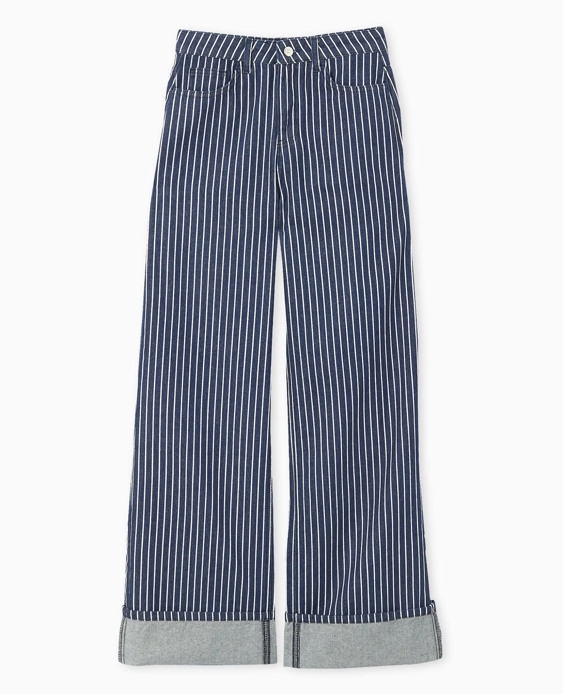 Jean Baggy Taille Haute Avec Rayures Et Revers - Bleu