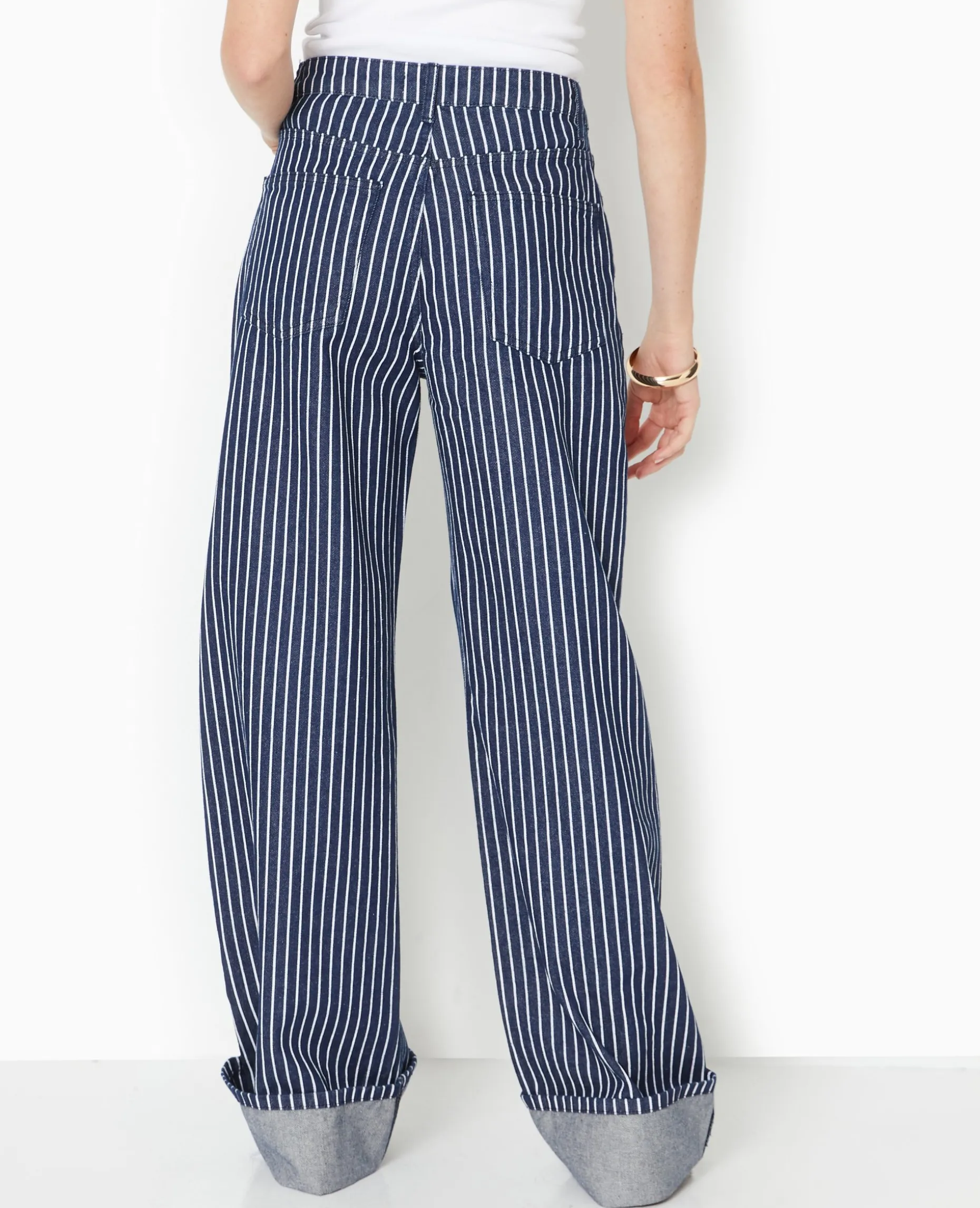 Jean Baggy Taille Haute Avec Rayures Et Revers - Bleu
