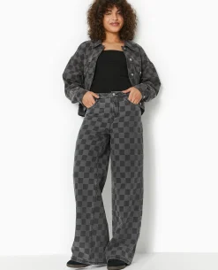 Jean Baggy Taille Haute Motif Damiers - Gris