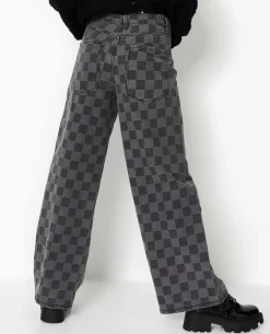 Jean Baggy Taille Haute Motif Damiers - Gris