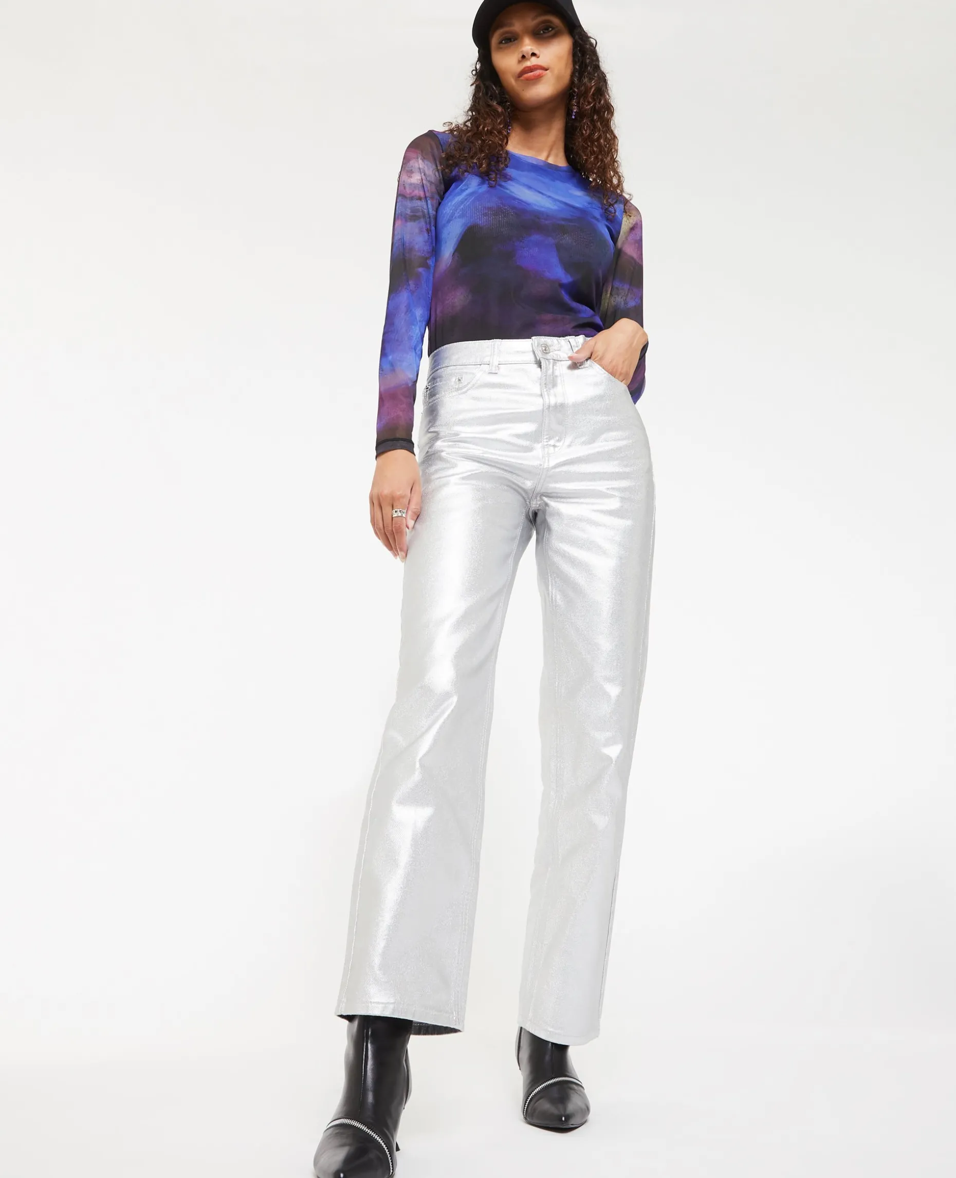 Jean Droit Argenté Taille Haute - Argenté