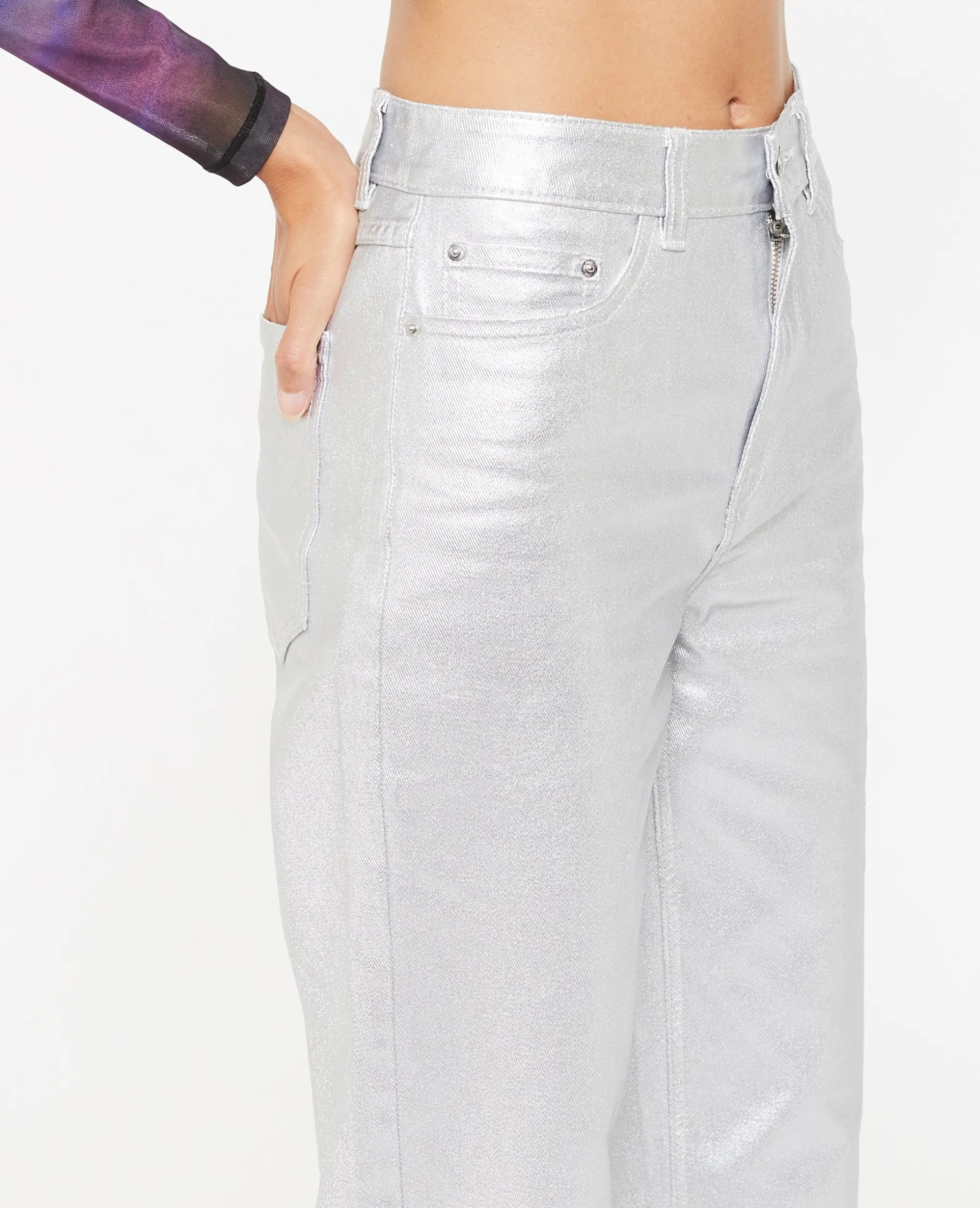 Jean Droit Argenté Taille Haute - Argenté
