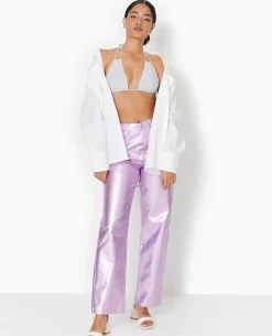 Jean Droit Rose Métallisé Taille Haute - Rose Fluo