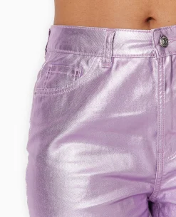Jean Droit Rose Métallisé Taille Haute - Rose Fluo