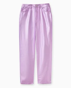Jean Droit Rose Métallisé Taille Haute - Rose Fluo