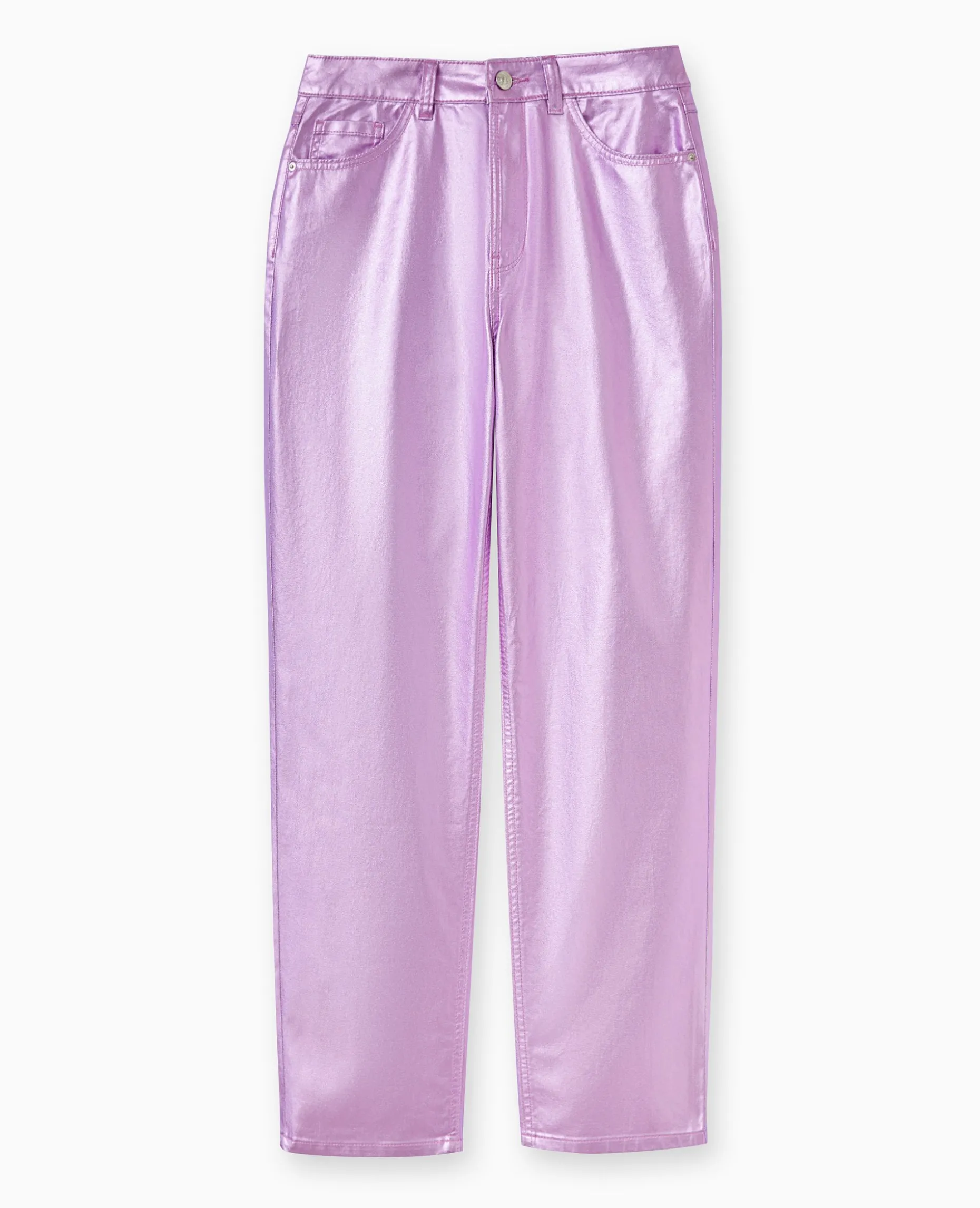 Jean Droit Rose Métallisé Taille Haute - Rose Fluo