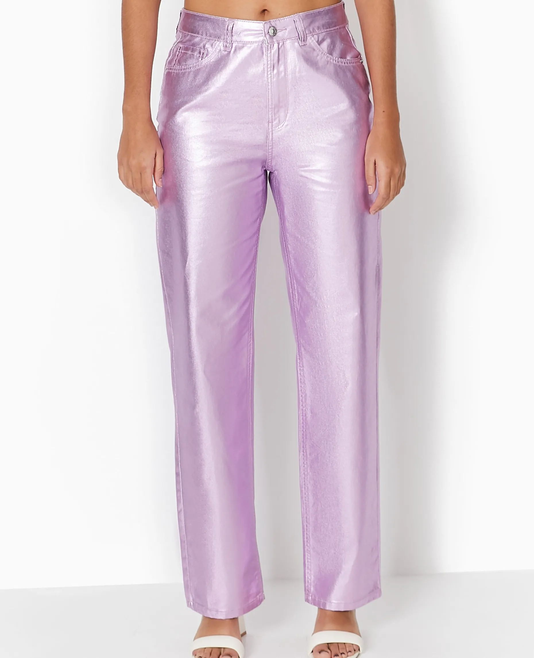 Jean Droit Rose Métallisé Taille Haute - Rose Fluo