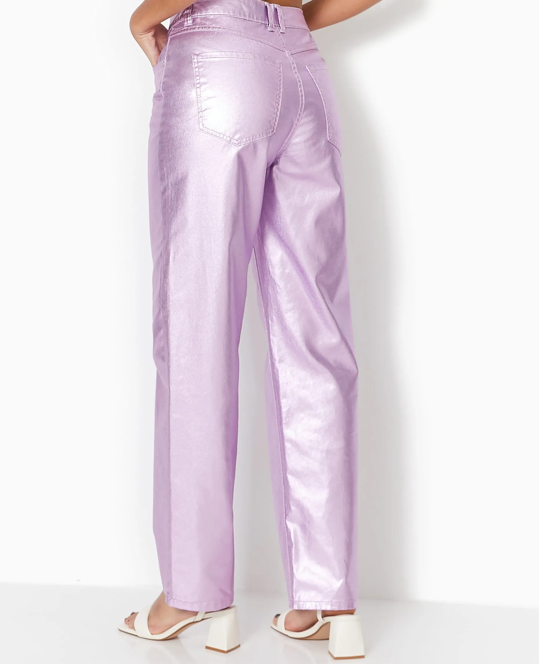 Jean Droit Rose Métallisé Taille Haute - Rose Fluo