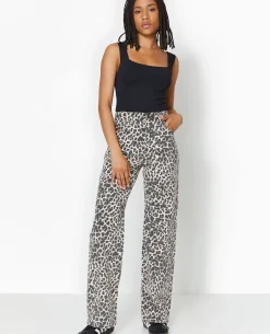 Jean Droit Taille Haute Motif Léopard - Taupe